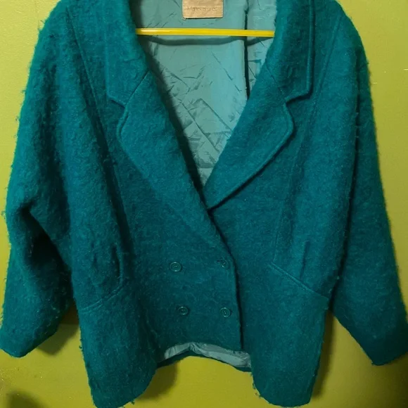 Vintage 80’s fuzzy wool batwing teal jacket - Picture 2 of 10